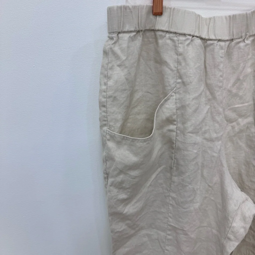 Quince Sand European Flax Linen Tapered Ankle Pant Sz Large Elastic Waist